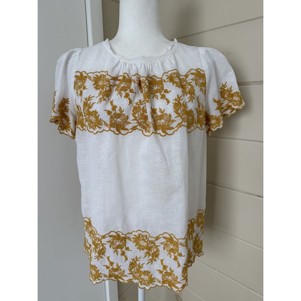 LOFT Sheer Blouse White Mustard Embroidery Linen Blend Romantic Cottagecore S